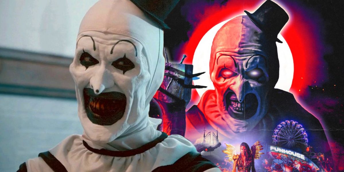 David Howard Thornton as Art the Clown with Terrifier 2 poster