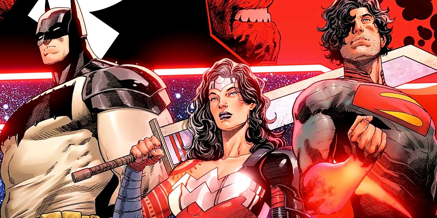 Arte de cómic: las versiones del Universo Absoluto de Batman, Wonder Woman y Superman brillan amenazadoramente.