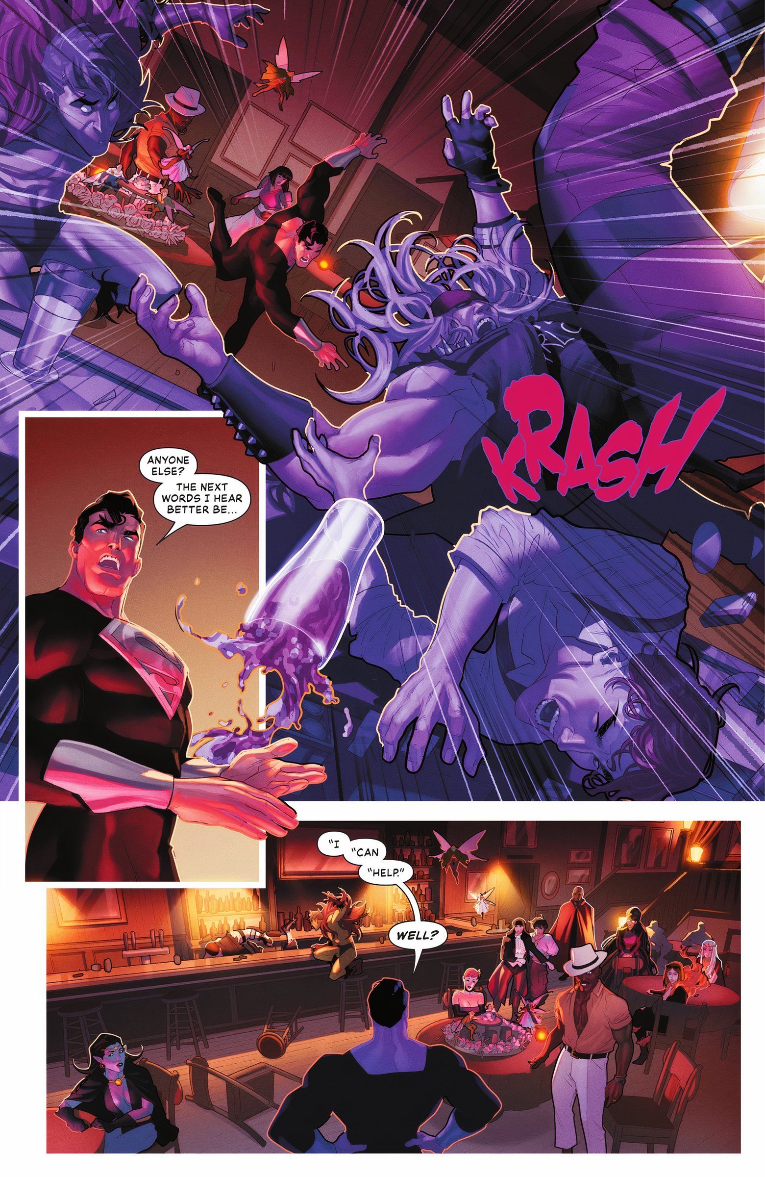 Superman arroja a Kid Warlock hacia los otros clientes mágicos del Oblivion Bar.