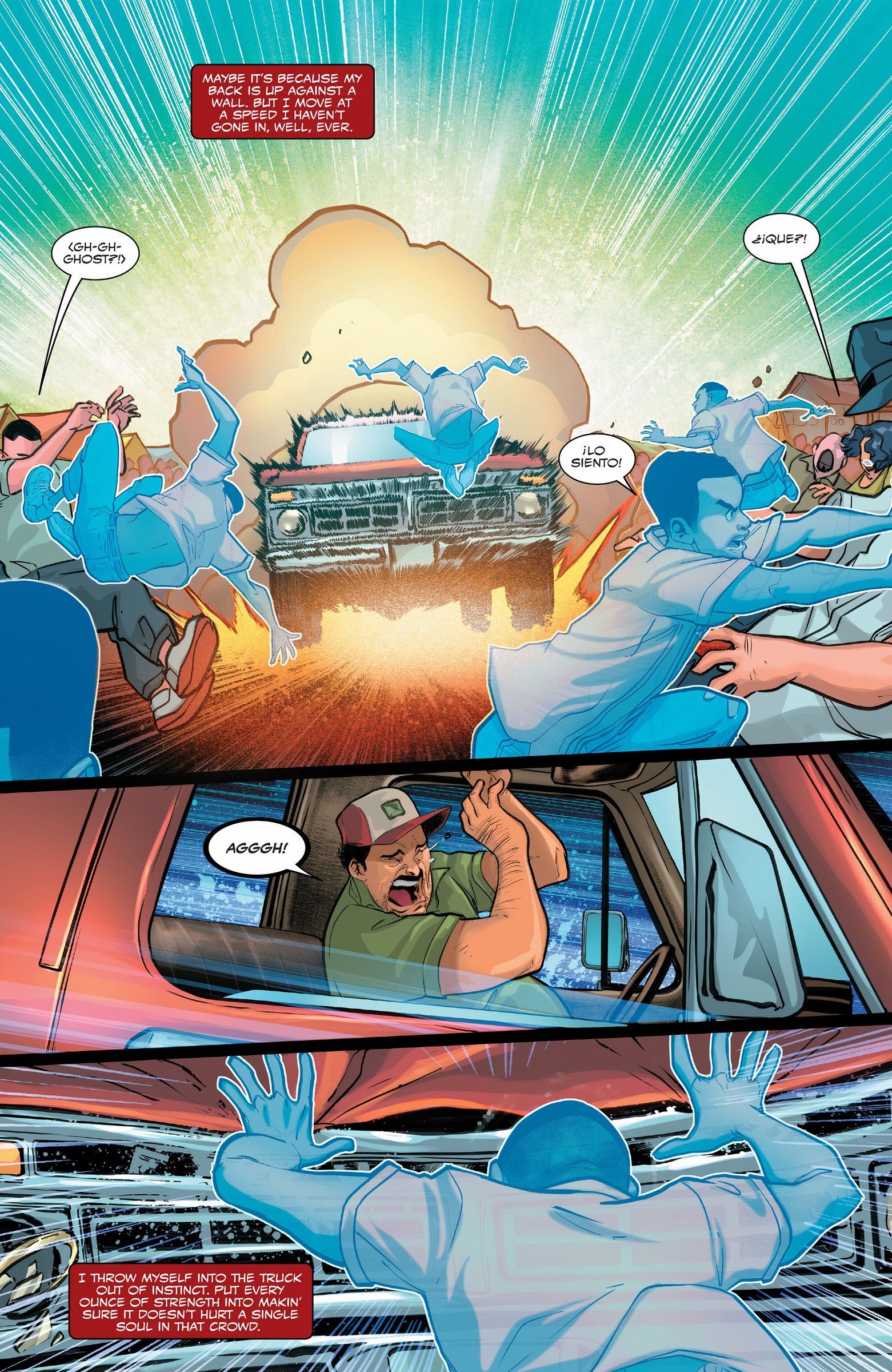 Miles Morales (Spider-Man) camuflado detiene un accidente automovilístico desde múltiples ángulos. 