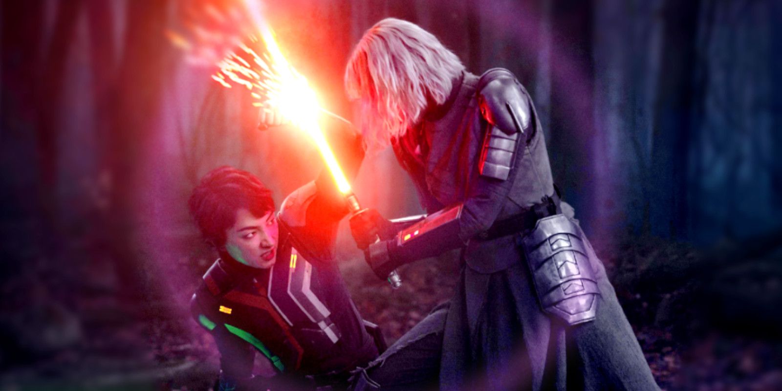 Sabine Wren y Shin Hati se enfrentan con sus sables de luz en Ahsoka