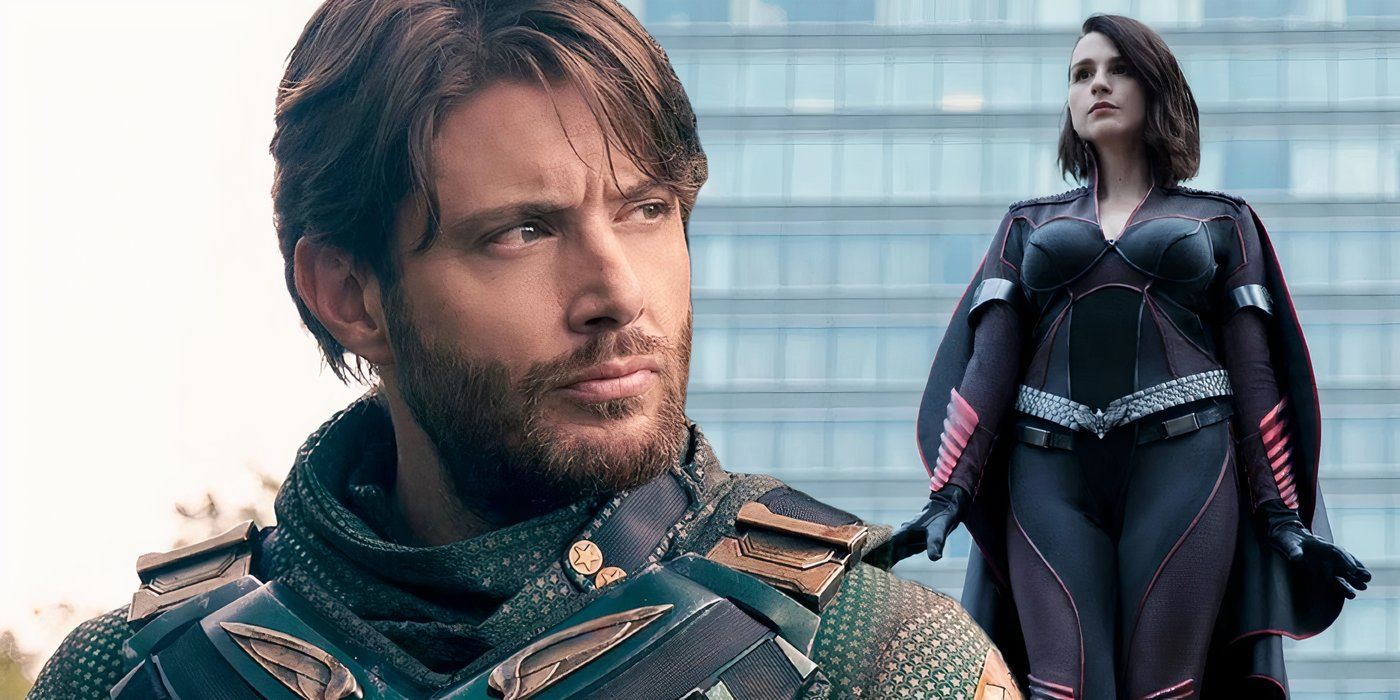 Una imagen compuesta de Soldier Boy mirando por encima del hombro frente a Stormfront mientras ella vuela en el aire desde The Boys.