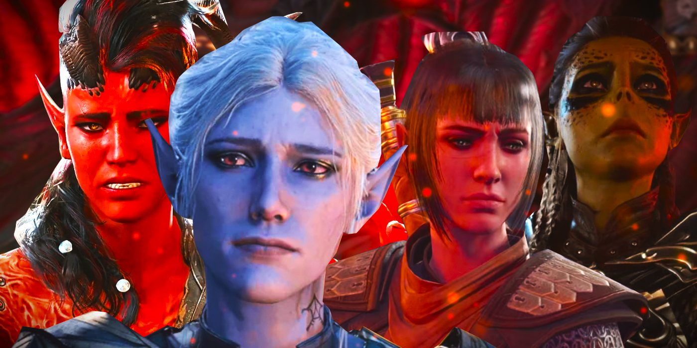 Minthara, Shadowheart, Karlach y La'zel de BG3 lucen tristes con un fondo rojo.
