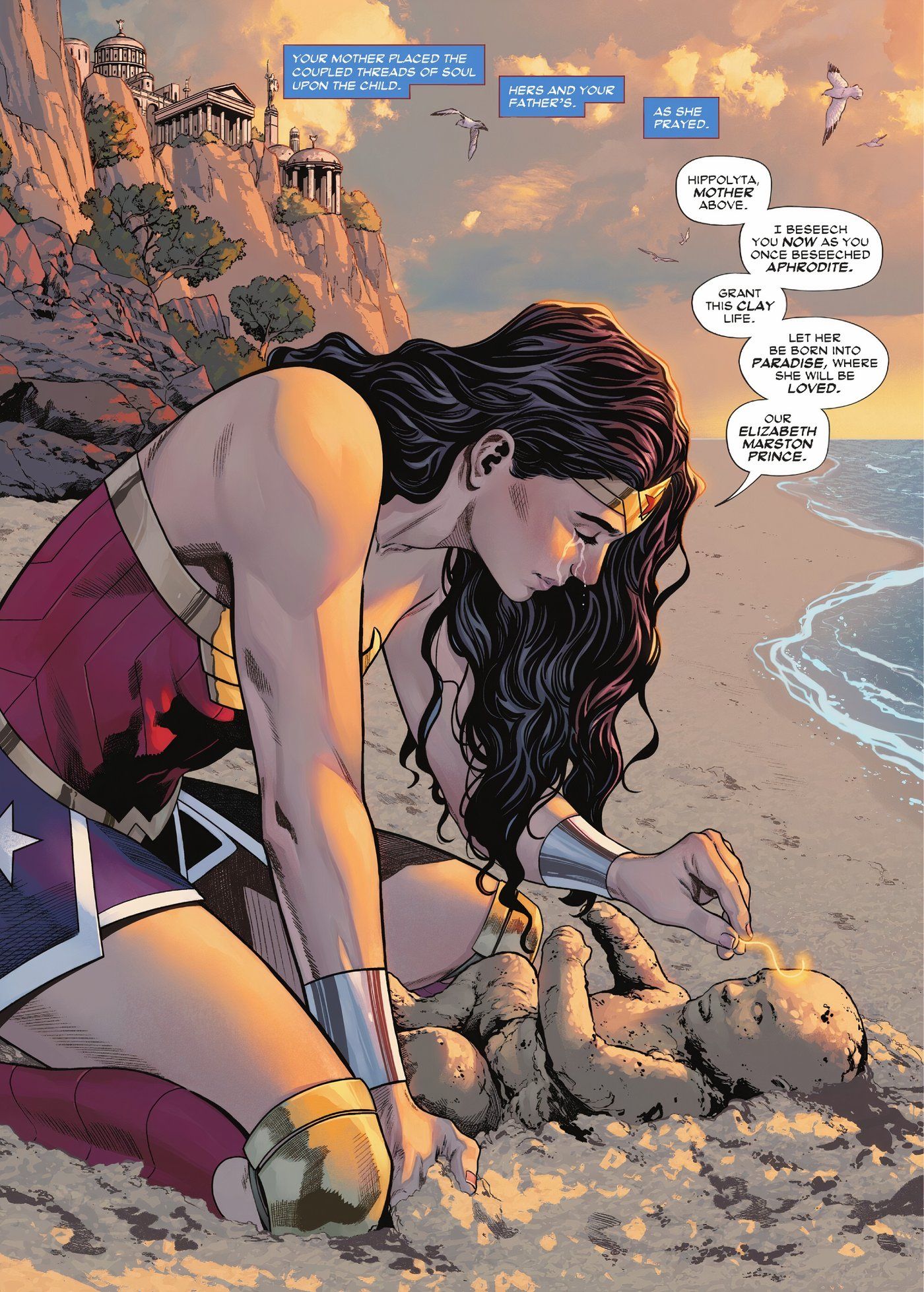 Wonder Woman forma a su hija con arcilla y un hilo dorado que combina sus almas y las de Steve Trevor, mientras reza una oración a Hipólita para que le dé vida al bebé.