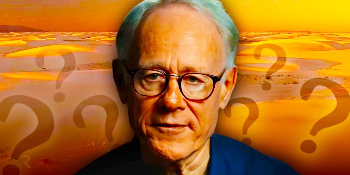 Graham Hancock in front of an image of the White Sands including question marks