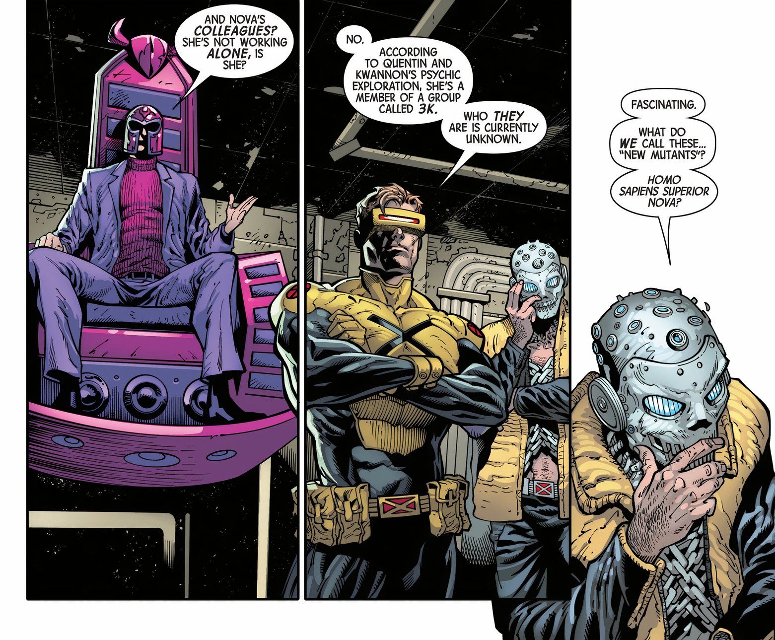 Magneto se dirige a Cyclops y Xorn desde su silla. 
