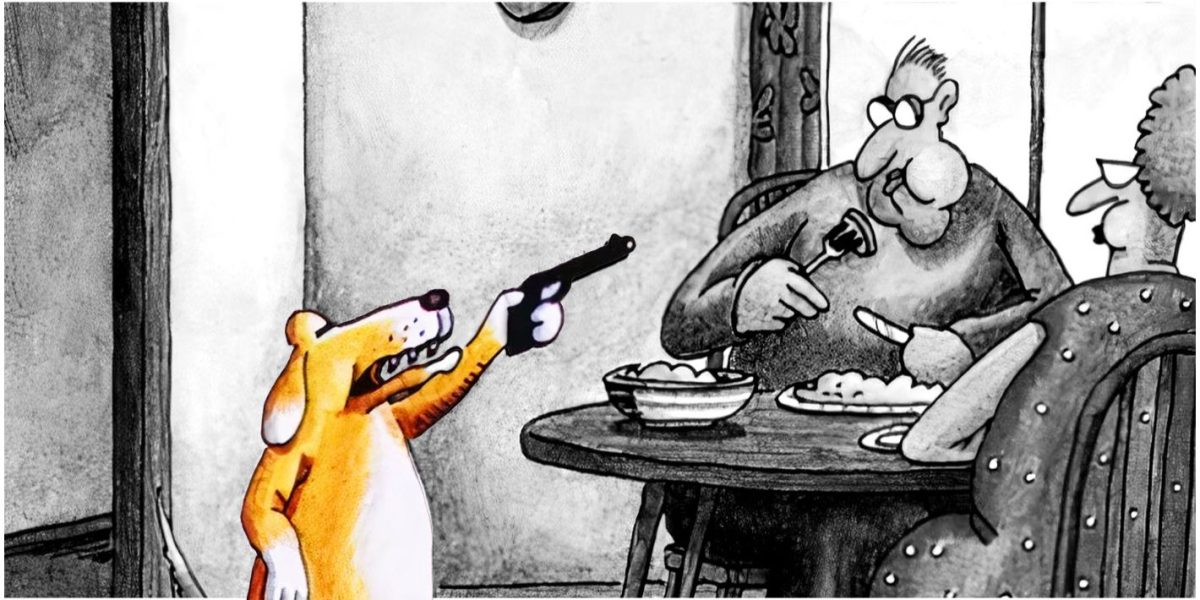 Por qué el cómic "Dog With Gun" de The Far Side (y su "secuela") ilustra mejor que cualquier otro el tropo favorito de Gary Larson: "Los animales le dan la vuelta a los humanos"
