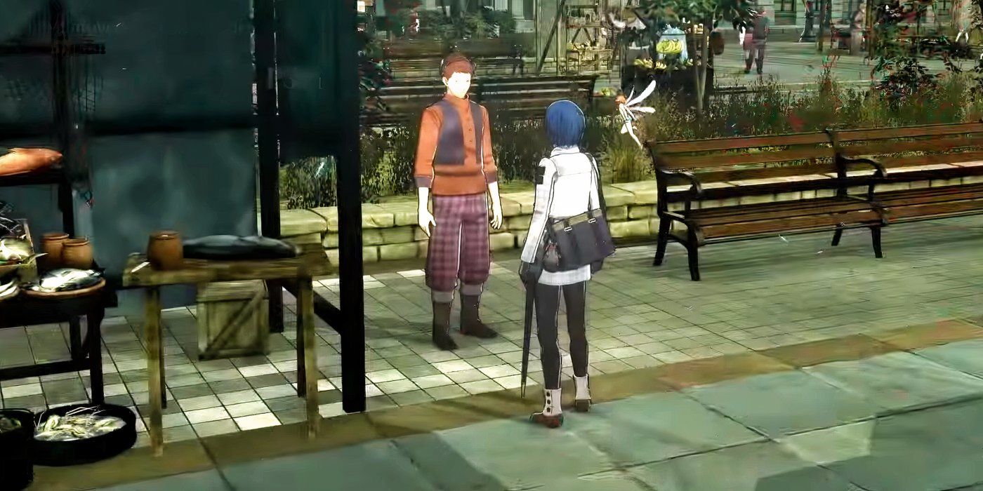 Jugador de Metaphor ReFantazio hablando con un pescadero cerca del puesto