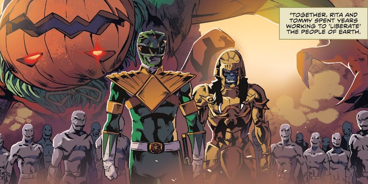 Panel de cómics: el Green Ranger Tommy Oliver y Goldar lideran un ejército de masillas para gobernar con Rita Repulsa.