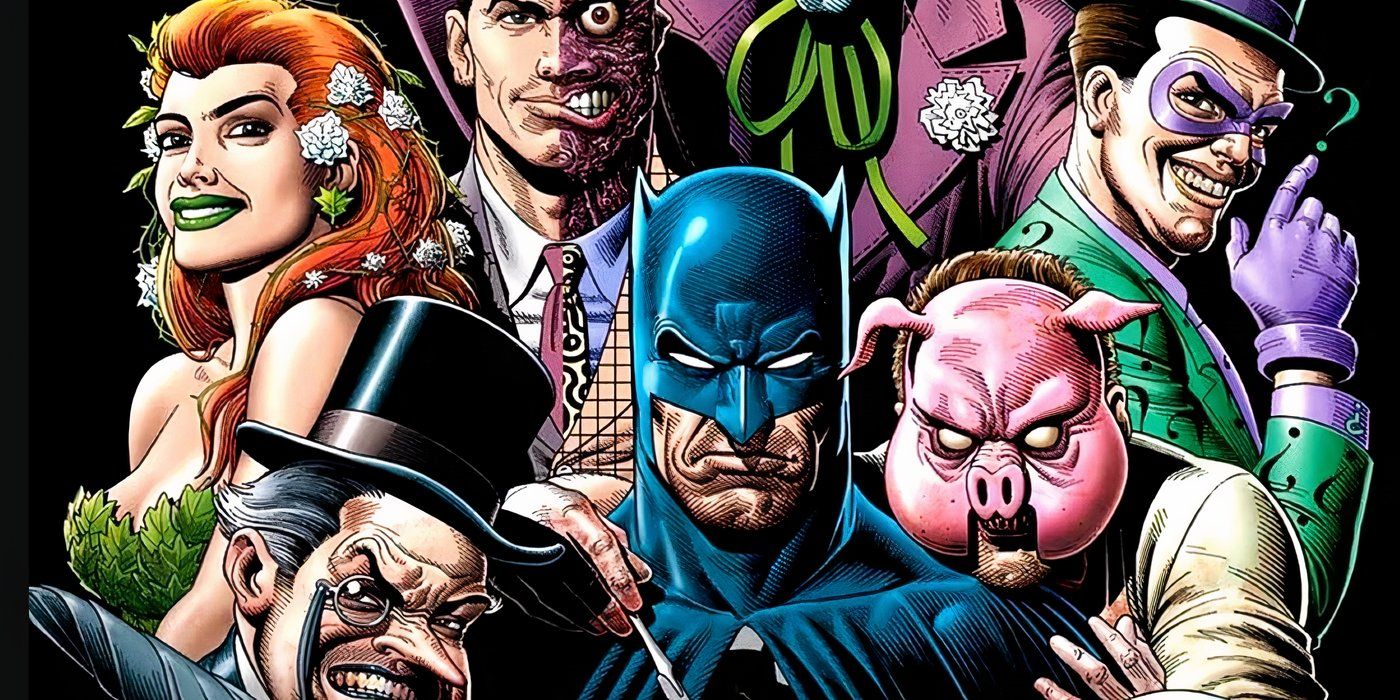 Arte de cómic: Batman en medio de un grupo de pícaros de Gotham.