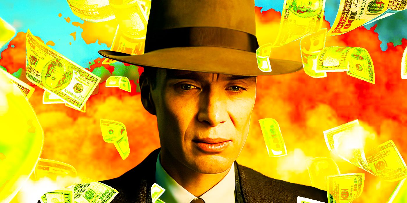 Cillian Murphy como J. Robert Oppenheimer con dinero flotando detrás de él