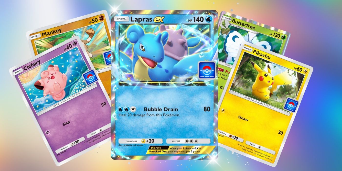 Lapras EX centrado frente a otras cartas promocionales, incluidas las cartas de Mankey, Clefairy, Pikachu y Butterfree de Pokémon TCG Pocket.