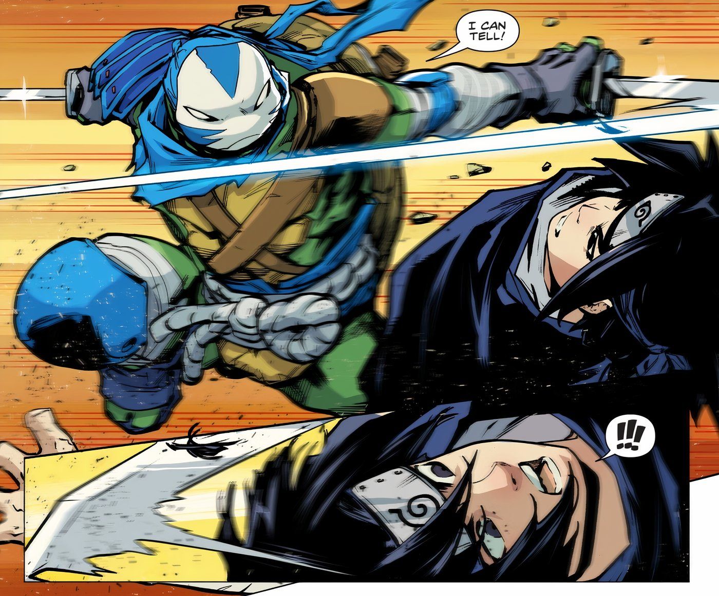 TMNT x Naruto, Leonardo vs Sasuke Uchiha en una pelea de espadas.