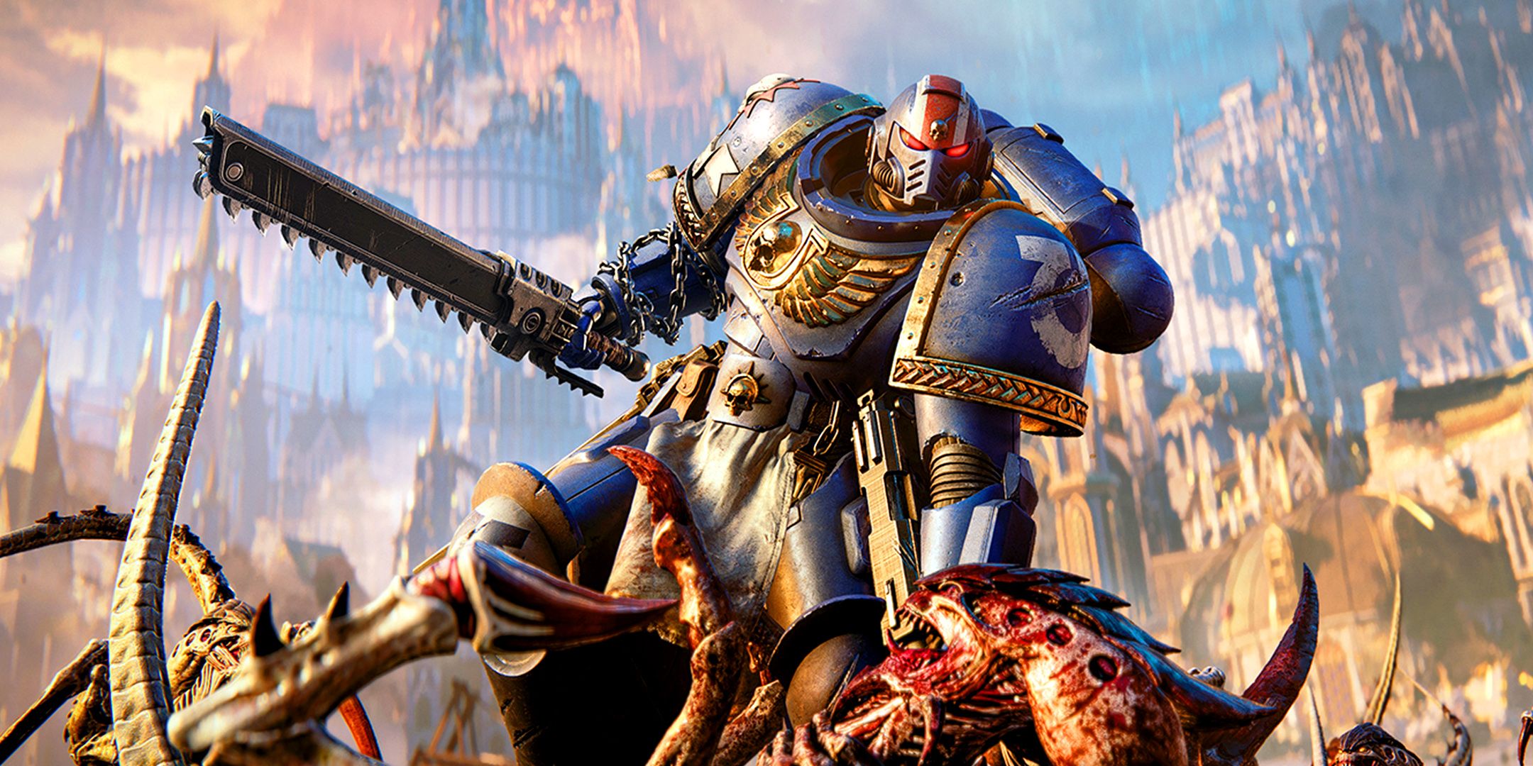 Un marine espacial con una espada de cadena lista para matar a los enemigos en Warhammer 40,000: Space Marine 2.