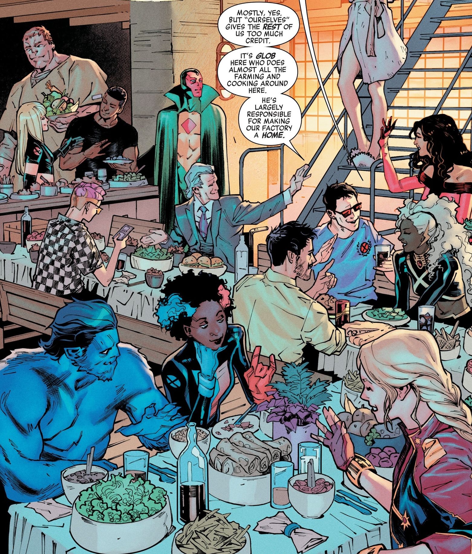 Los Vengadores y los X-Men cenan juntos, incluidos Cyclops, Magneto, Storm, Captain Marvel, Scarlet Witch, etc.