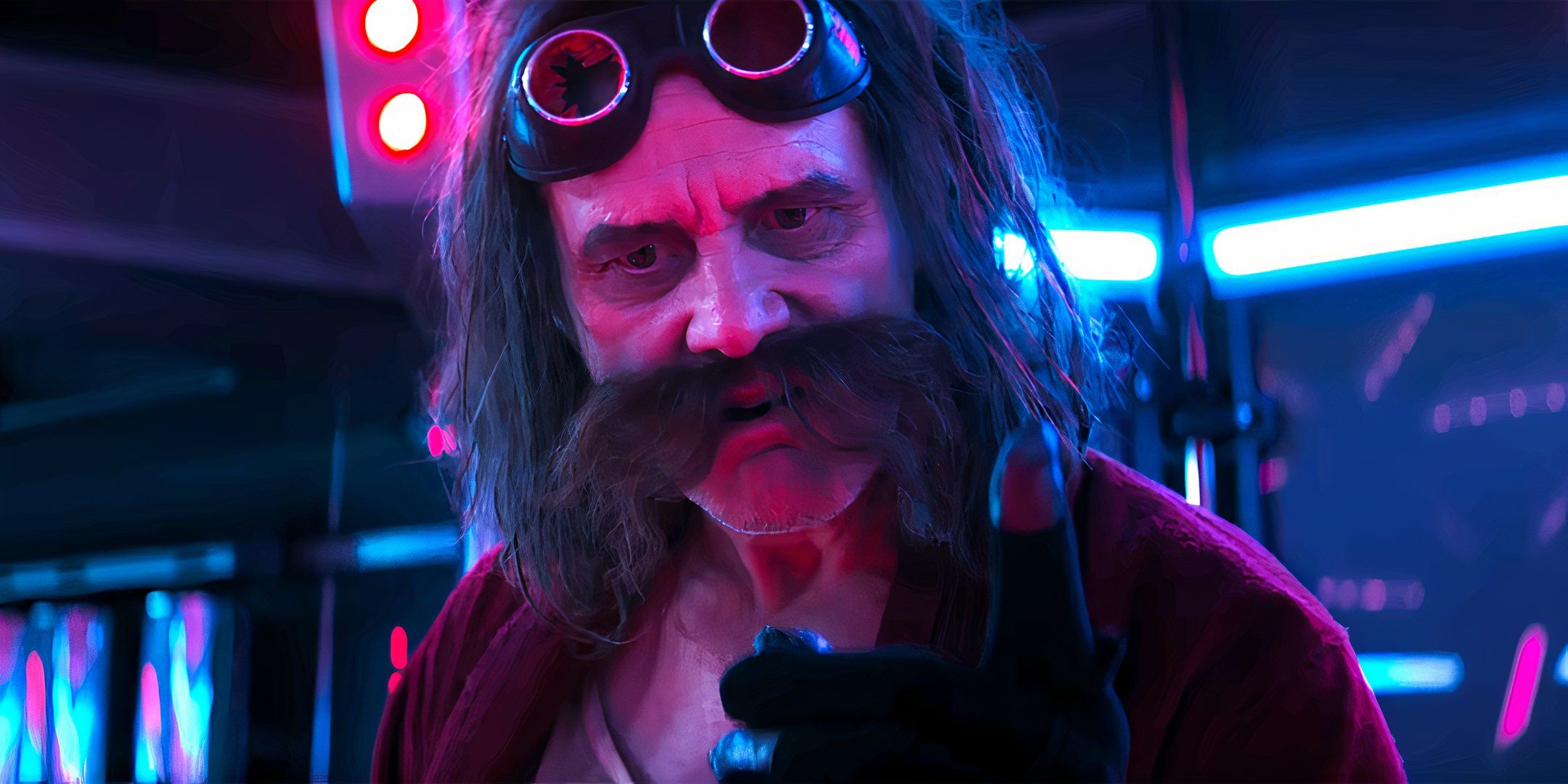 Jim Carrey como Robotnik con el pelo largo y sosteniendo el dedo en Sonic the Hedgehog 3