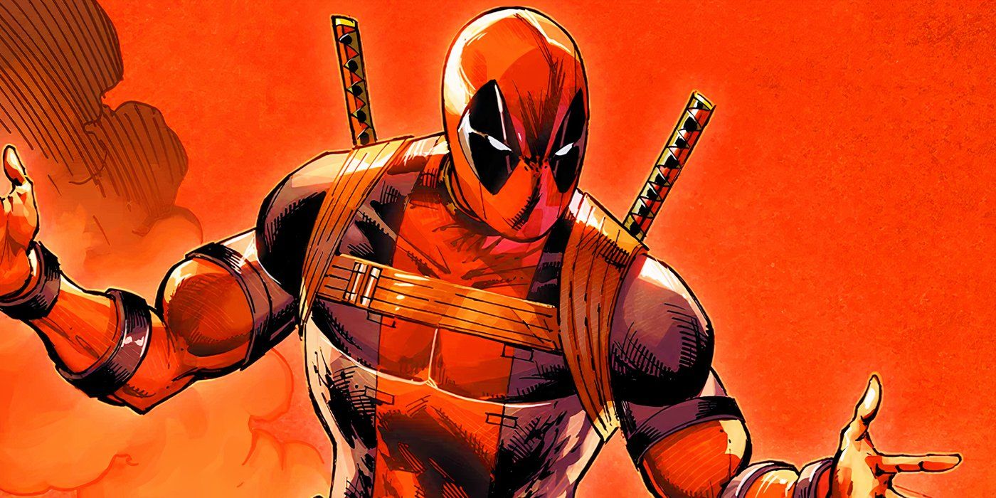 Arte del cómic: Deadpool con los brazos extendidos en Marvel Comics