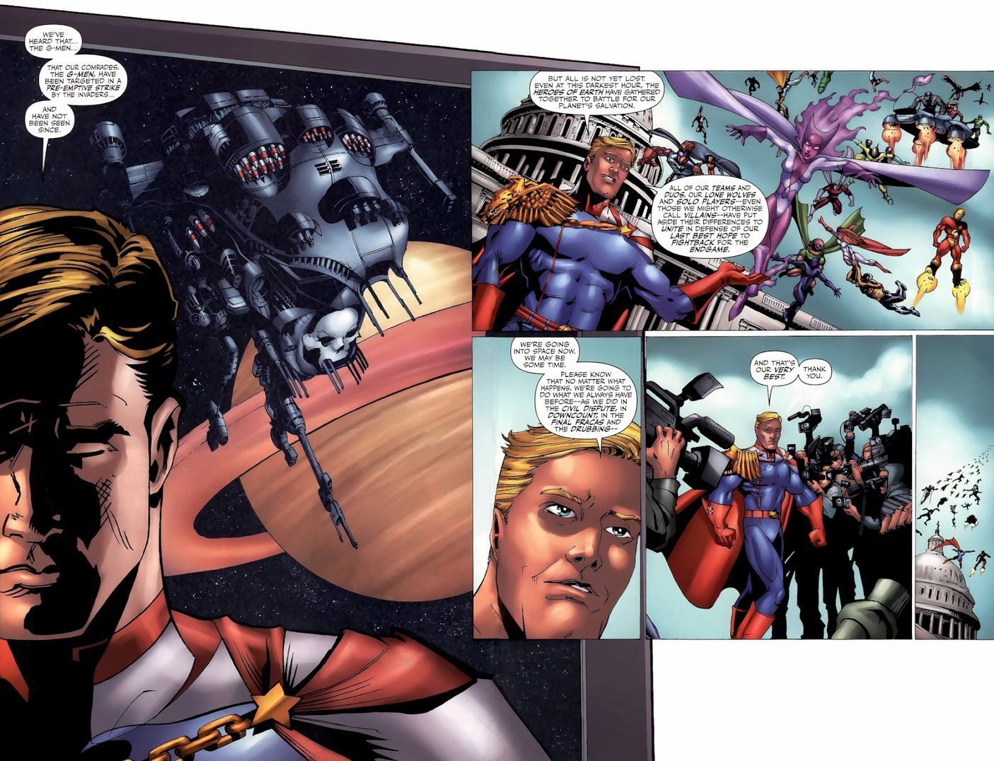 Homelander habla al público sobre una invasión alienígena