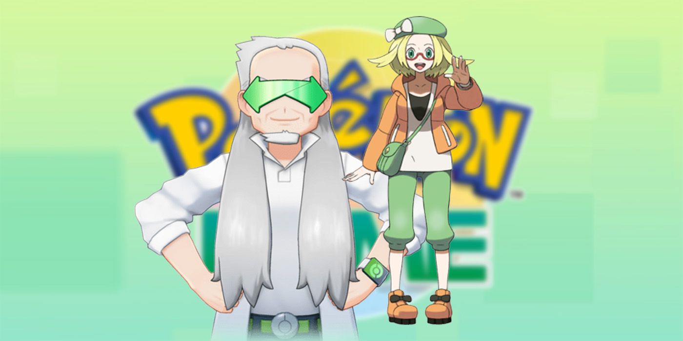 Grand Oak y Bianca frente a la pantalla de inicio de Pokémon
