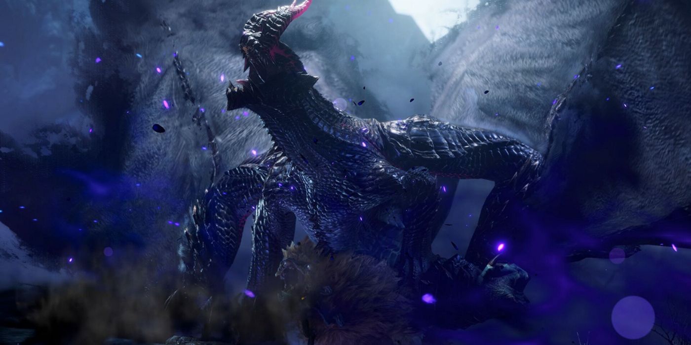 Gore Magala rugía con su polen sombrío que lo rodea en Monster Hunter Rise.