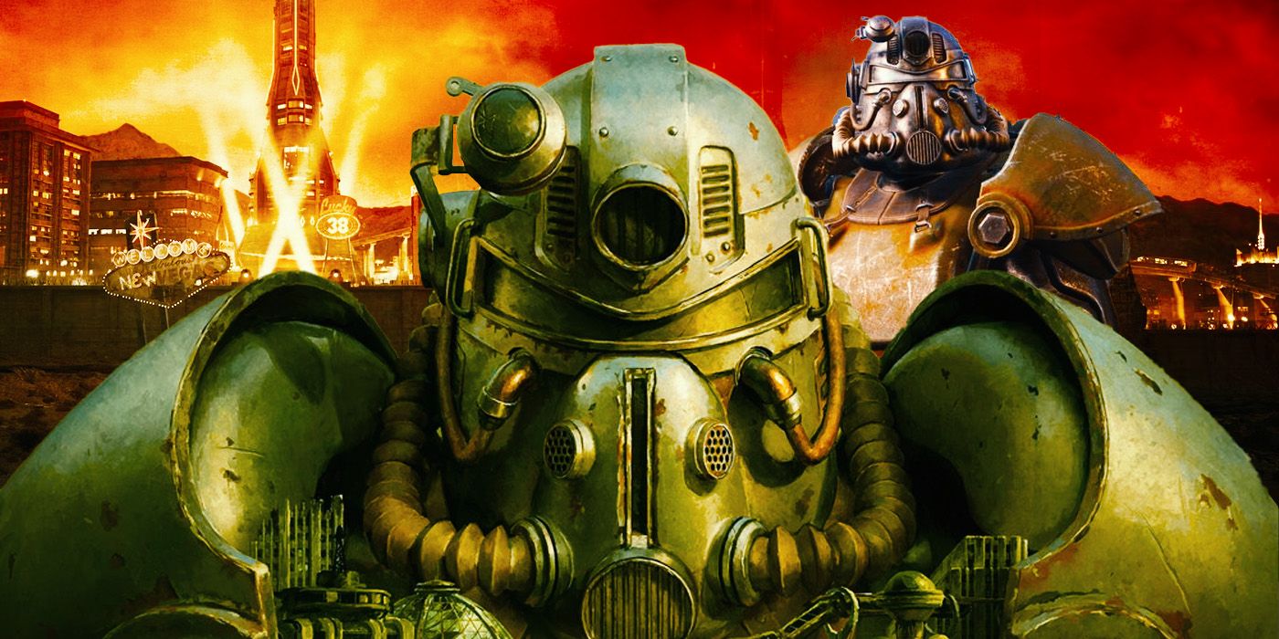 Fallout New Vegas Keyart con personajes en Power Armor de Fallout 4 y Fallout 76.