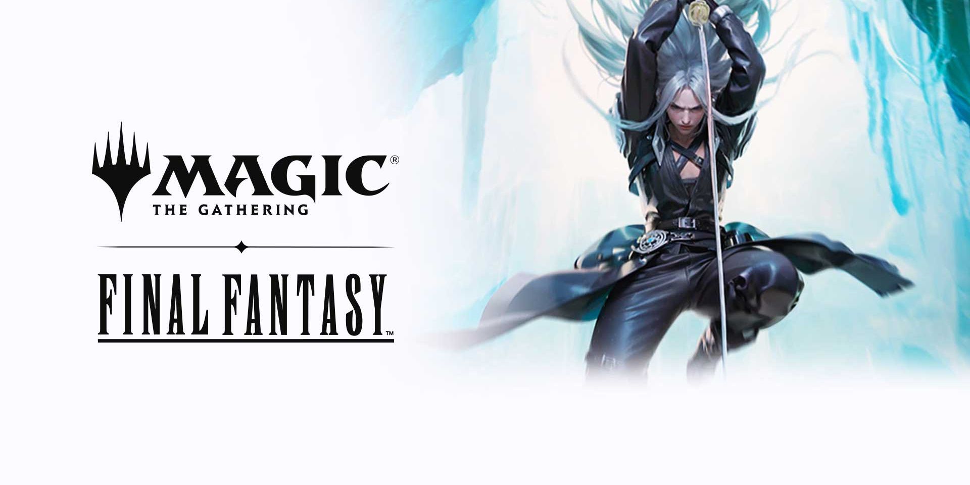 Sephiroth se sumerge hacia abajo con su espada junto con los logotipos MTG y Final Fantasy.