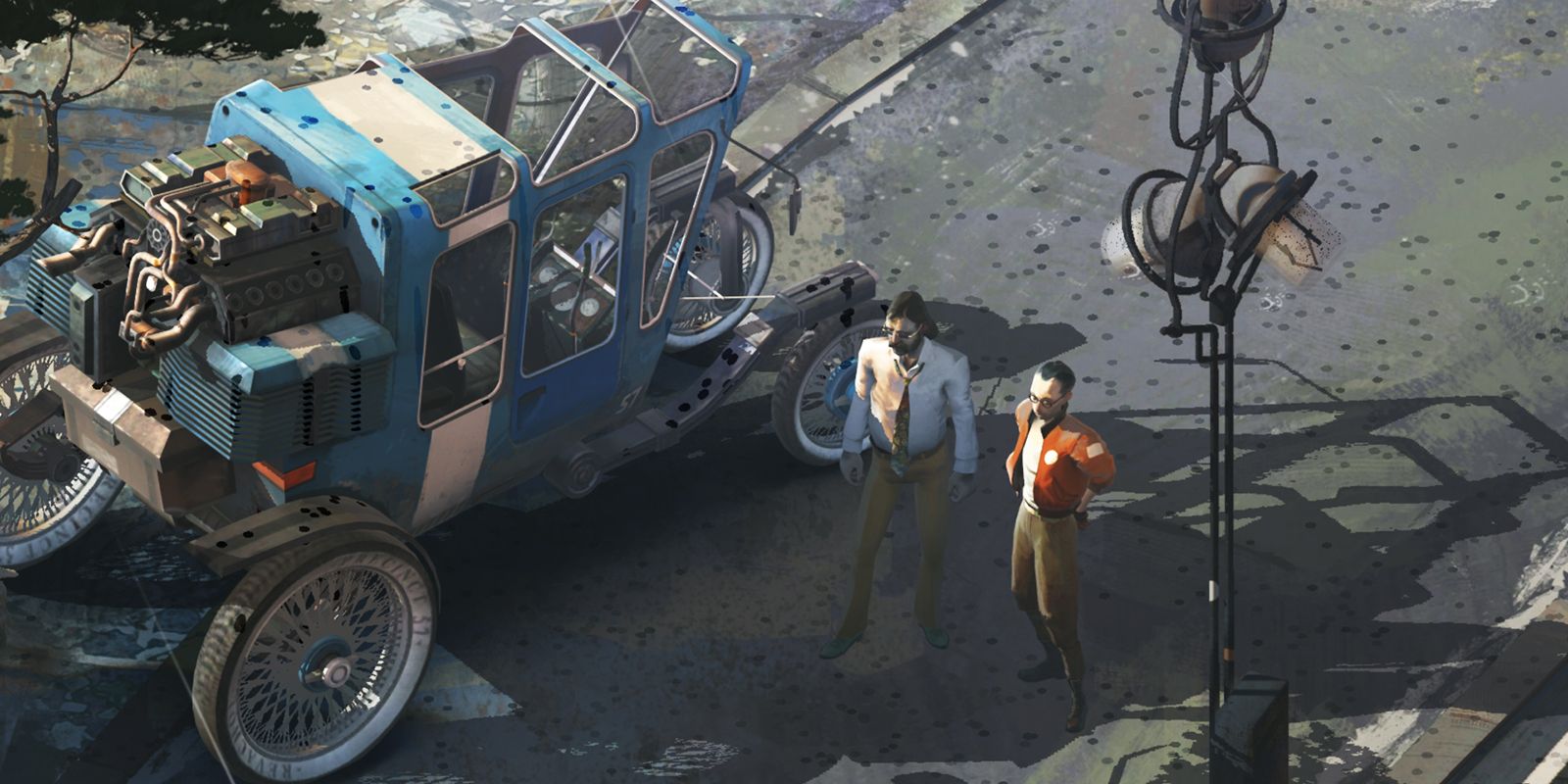 Disco Elysium Dos caracteres de pie cerca de un automóvil.