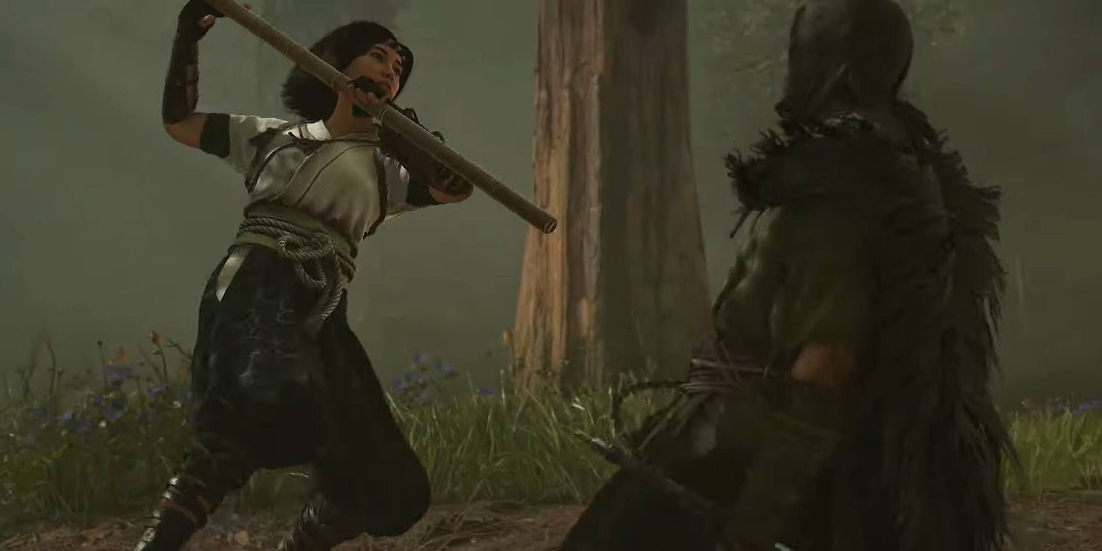 Naoe usando el personal de Bō contra un enemigo en el DLC de Assassin's Creed Shadows, Claws of Awaji.
