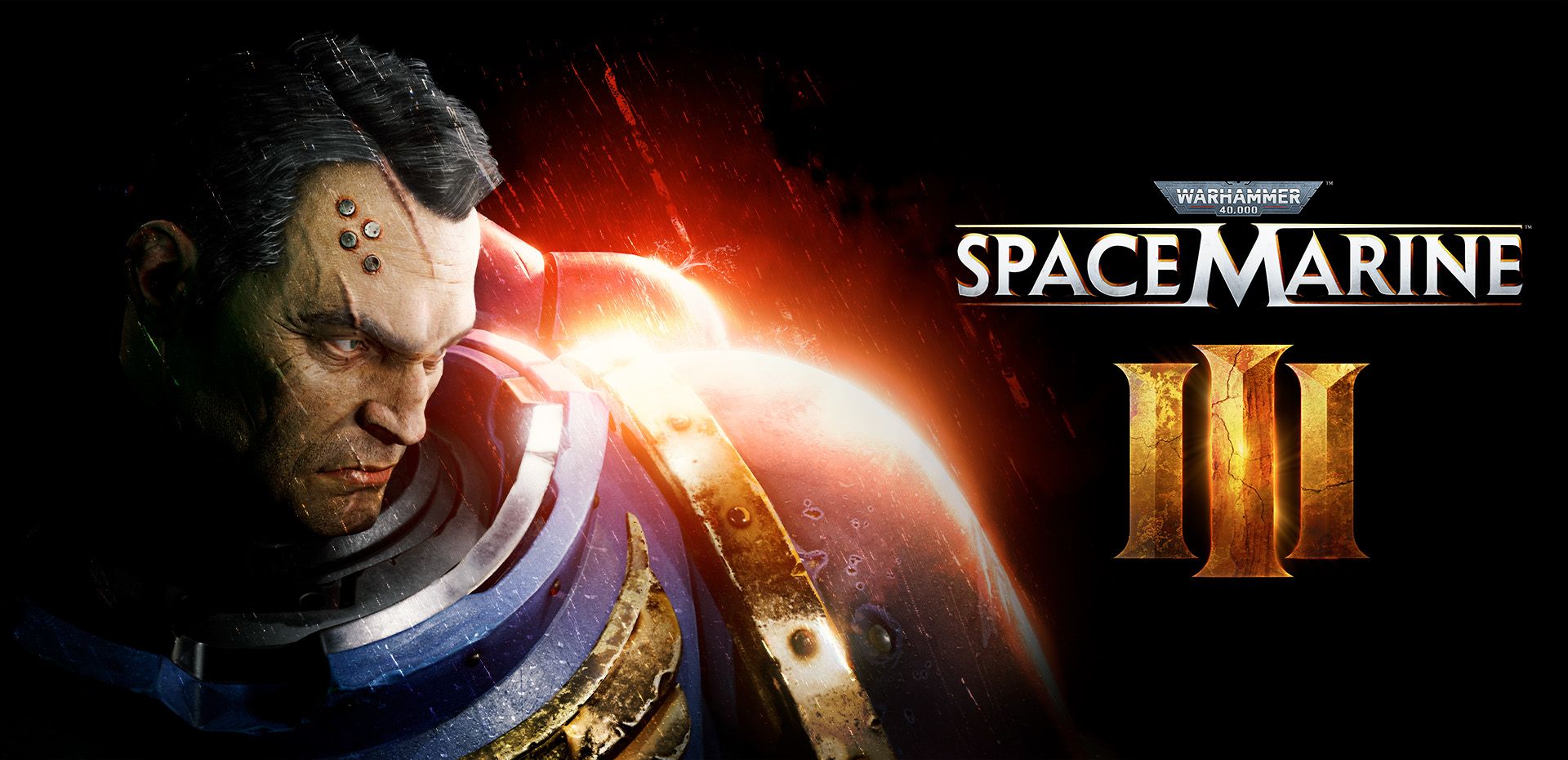 Titus de Space Marine de pie junto al nuevo logotipo de Space Marine 3