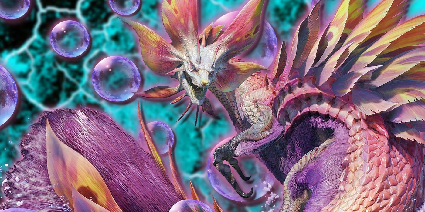 Un Mizutsune de Monster Hunter ruge mientras está rodeado de burbujas.