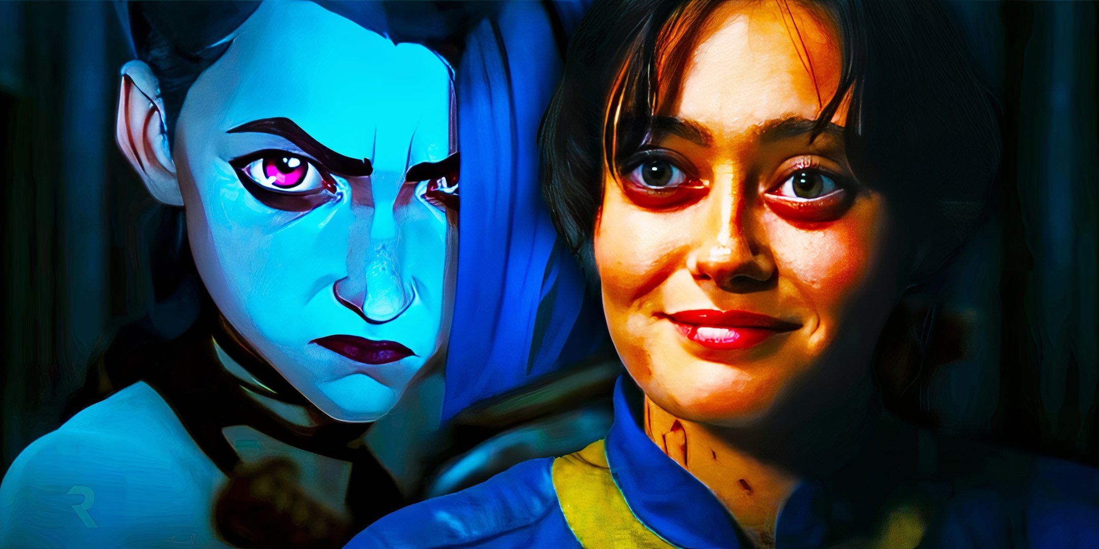 Jinx se ve enojado en Arcane junto a Ella Purnell sonriendo como Lucy en Fallout