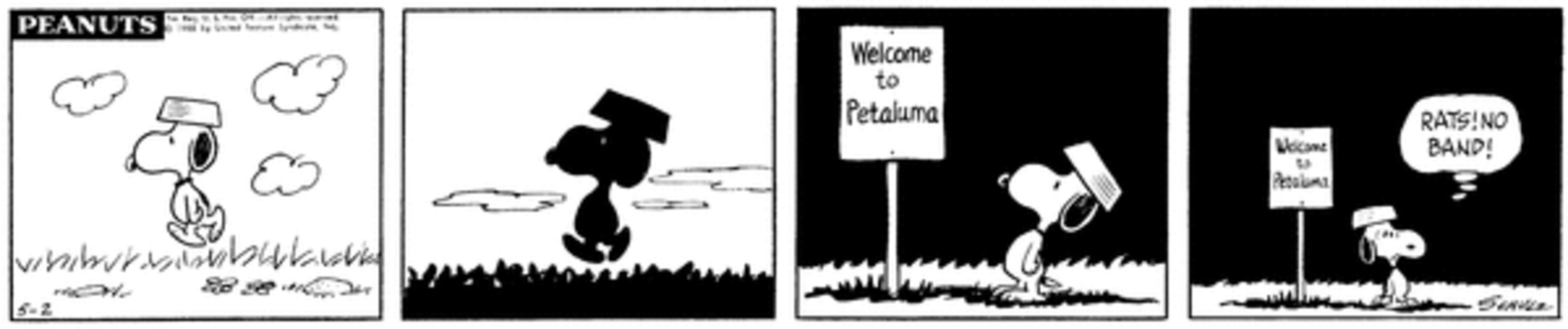 Snoopy entrando en los límites de la ciudad de Petaluma.