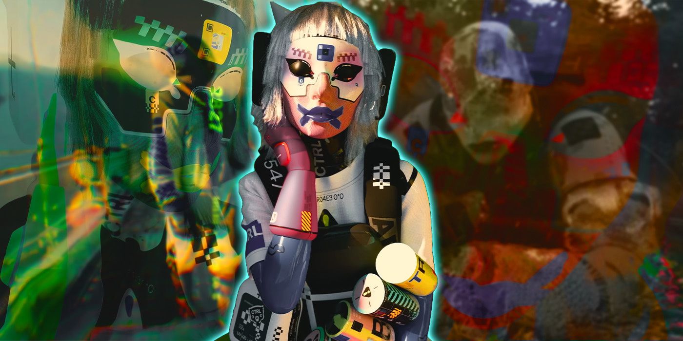 Personaje de maratón con el brazo hacia arriba, con imágenes de juego detrás de ella.