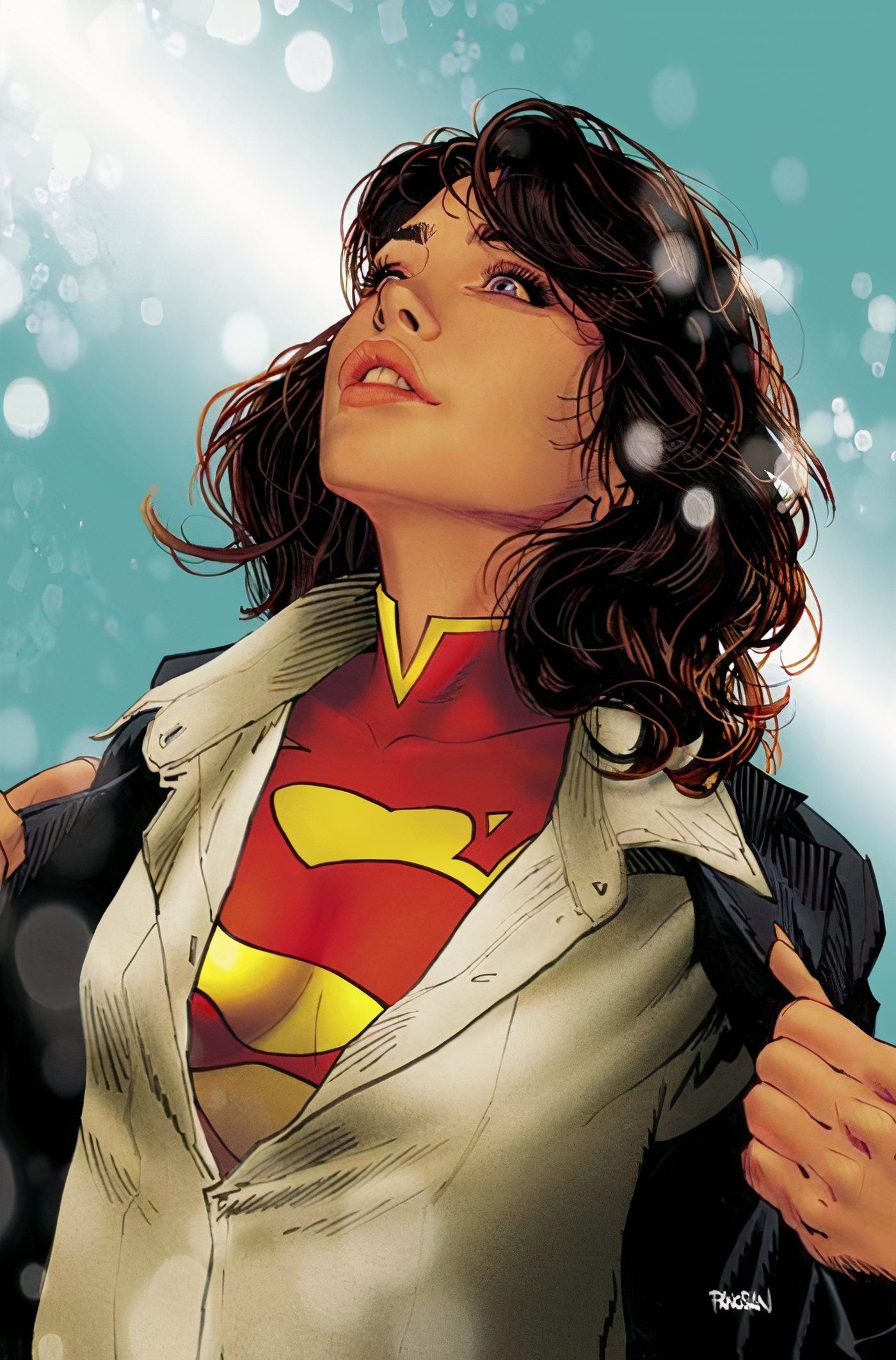 Portada de cómics: Lois Lane como Superwoman revela su cresta debajo de su camisa de trabajo.