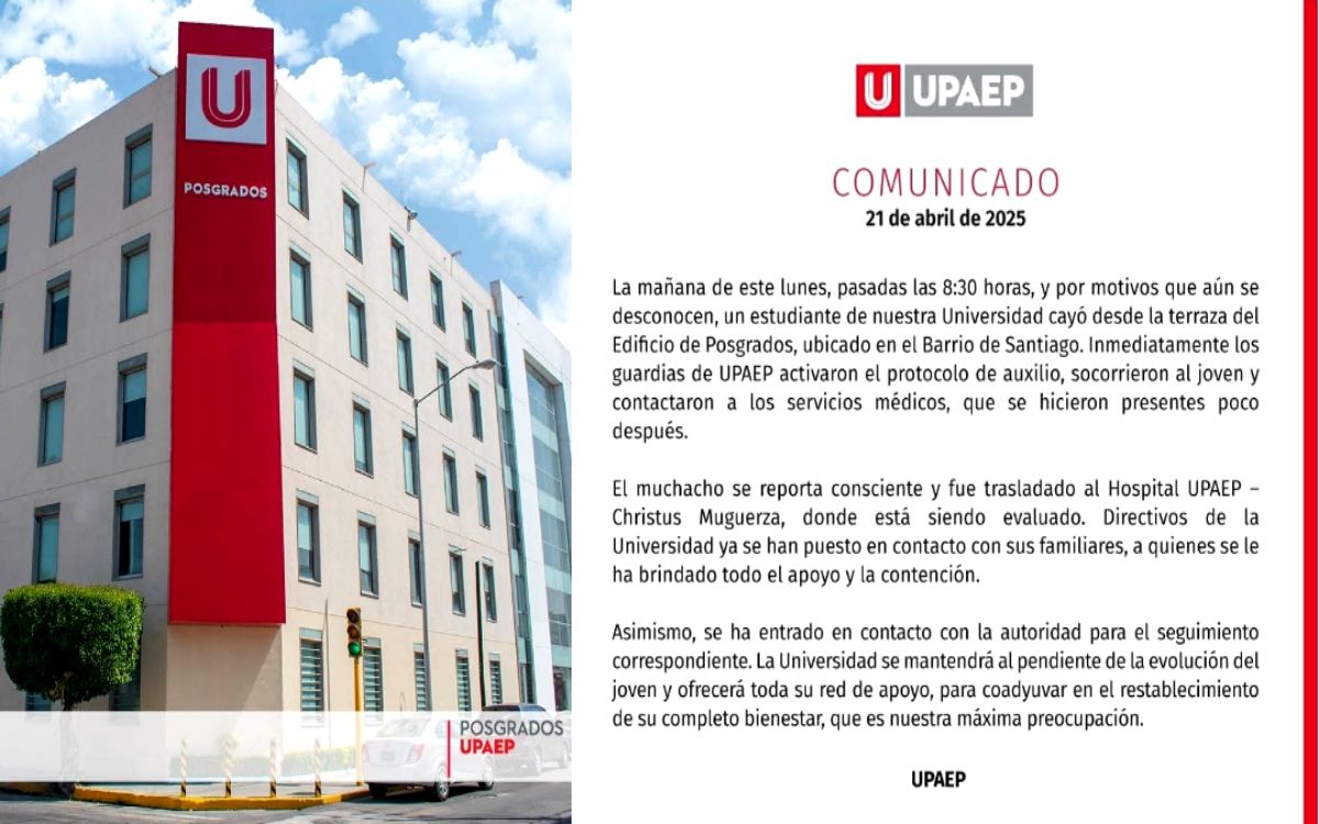 Estudiante sobrevive tras caer del quinto piso en la UPAEP