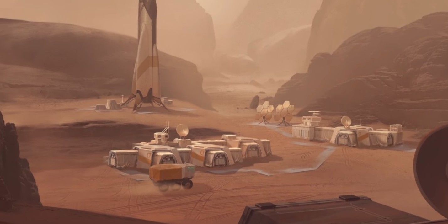 Cience Victory Movie en Civ 6 que muestra un asentamiento en Marte.