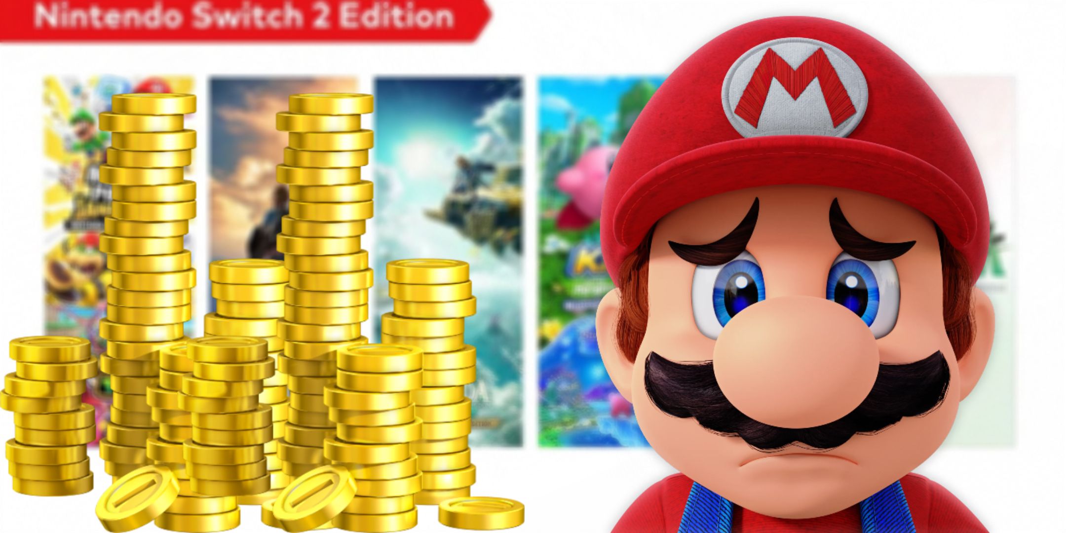 Mario se ve triste cuando se puede encontrar una pila de monedas a su izquierda, ya que se encuentra frente a un escaparate de los juegos de Nintendo Switch 2 Edition.