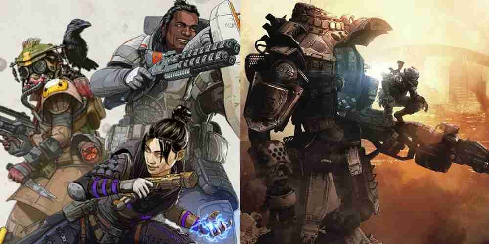 Personajes de las leyendas de Apex junto a un mech de Titanfall.