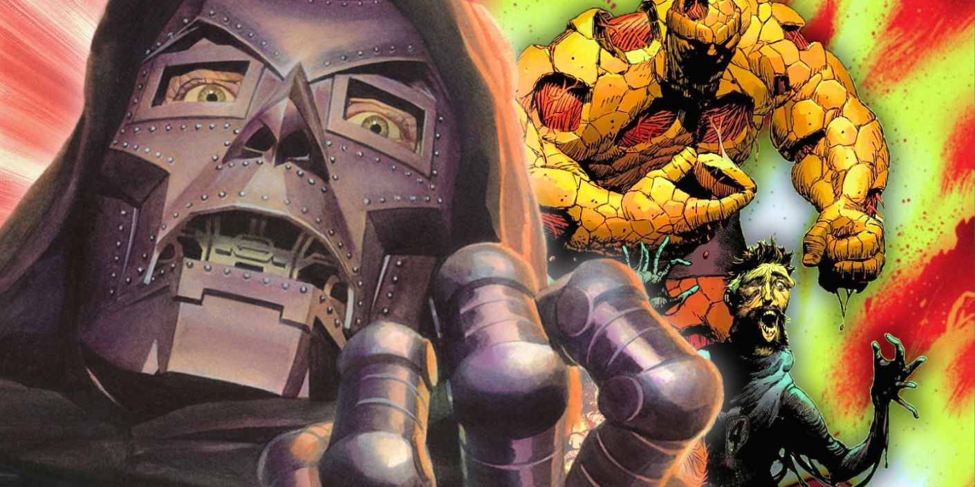 Imagen personalizada del Doctor Doom frente a Reed Richards y la cosa que se desmorona