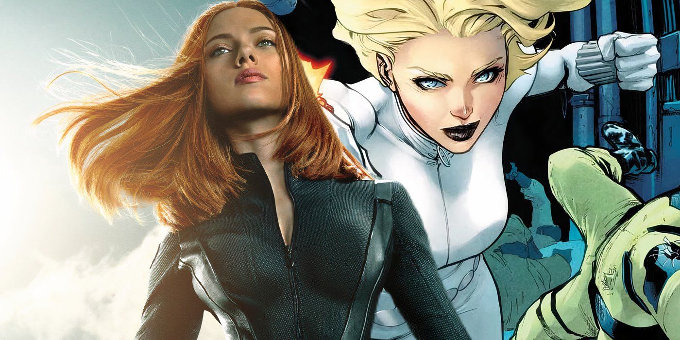 Scarlett Johansson como viuda negra sobre una imagen de viuda blanca de los cómics