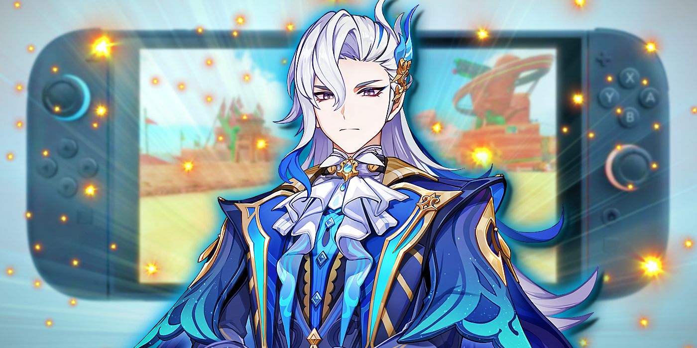 Neuvillette de Genshin Impact se ve grave frente a un borroso Nintendo Switch 2.