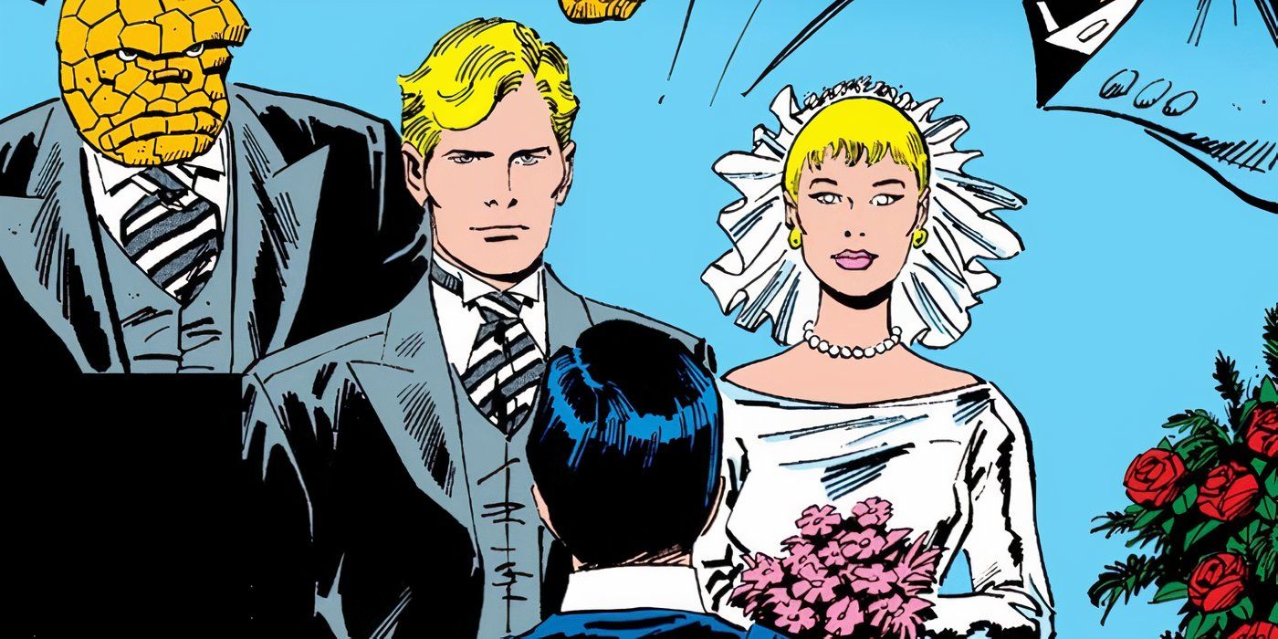 Johnny Storm se casa con Lyja, un Skrull disfrazado de Alicia Masters, mientras la cosa observa