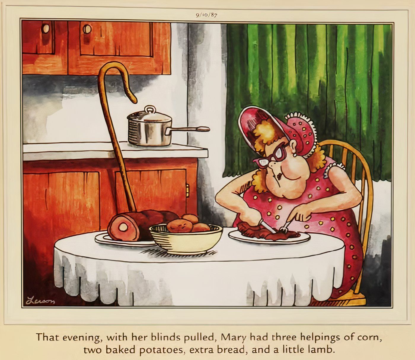 Una mujer llamada Mary comiendo cordero en el otro lado.