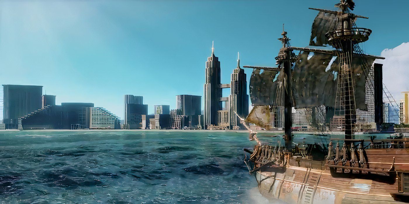 Como un dragón pirata yakuza en la captura de pantalla de Hawai de un barco pirata que se acerca a una ciudad.