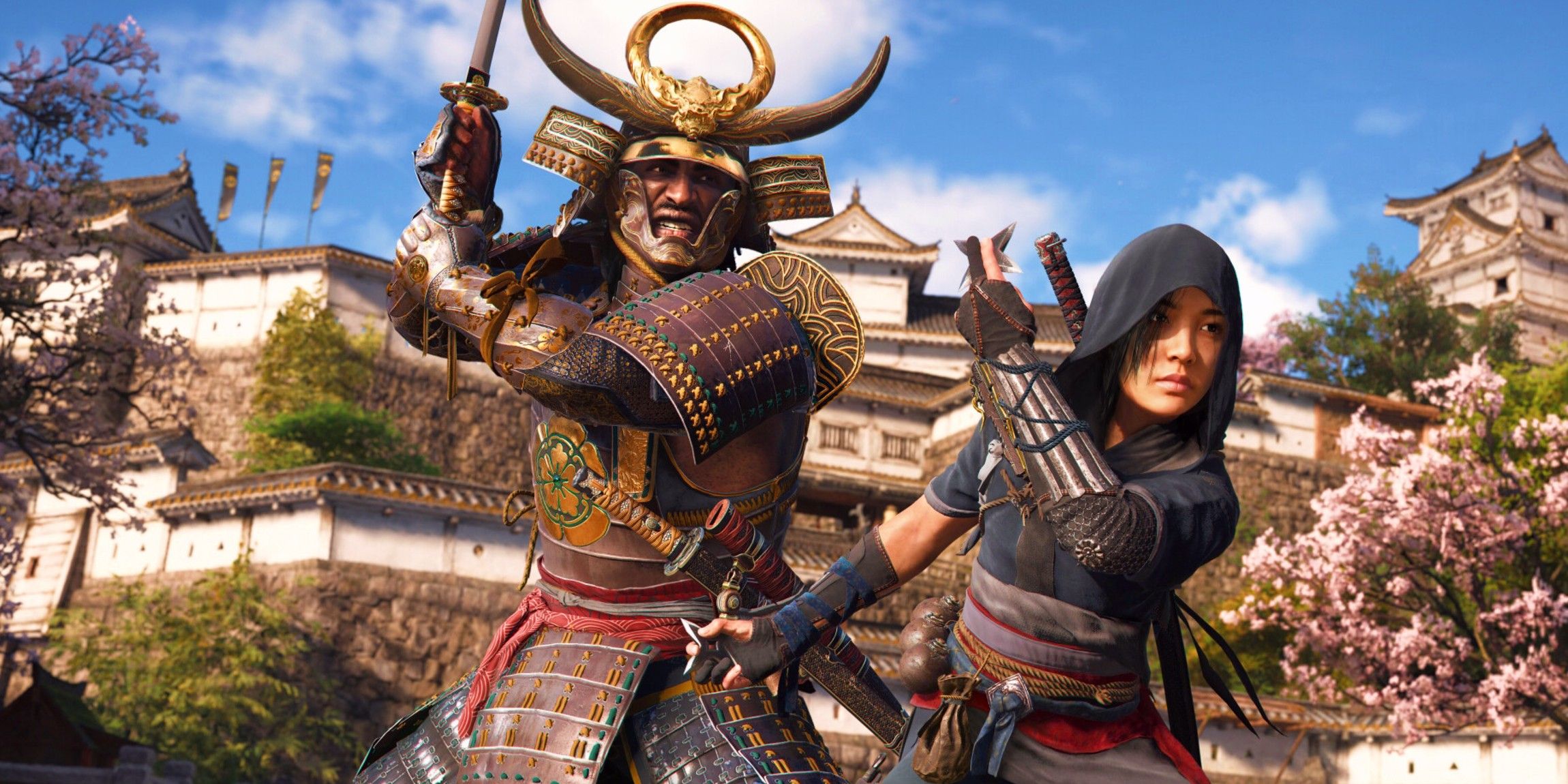 Assassin's Creed Shadows Arte clave que muestra a Yasuke y Naoe listos para la batalla