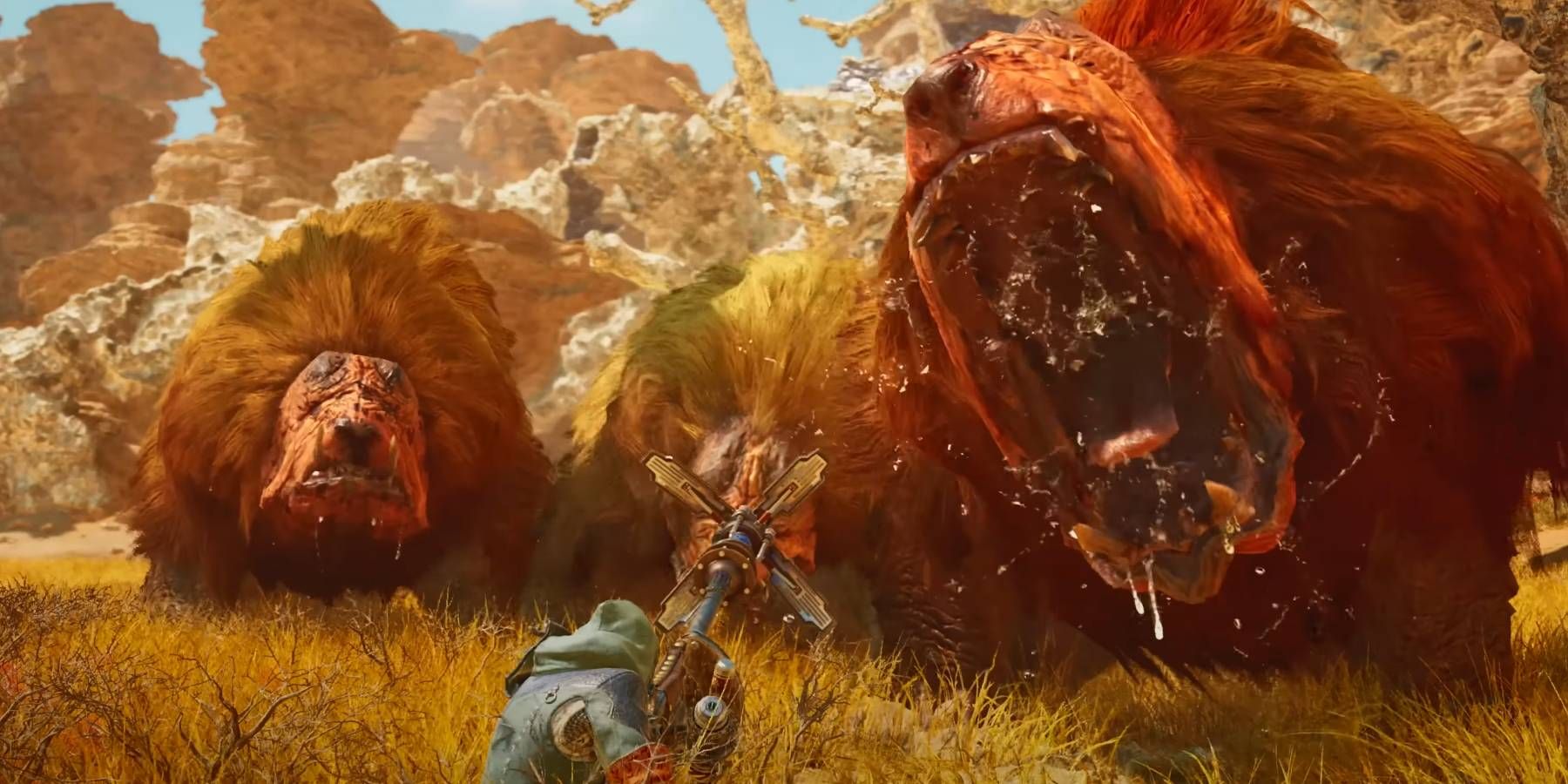 Monster Hunter Wilds Alpha Doshaguma con otros monstruos Doshaguma en un paquete