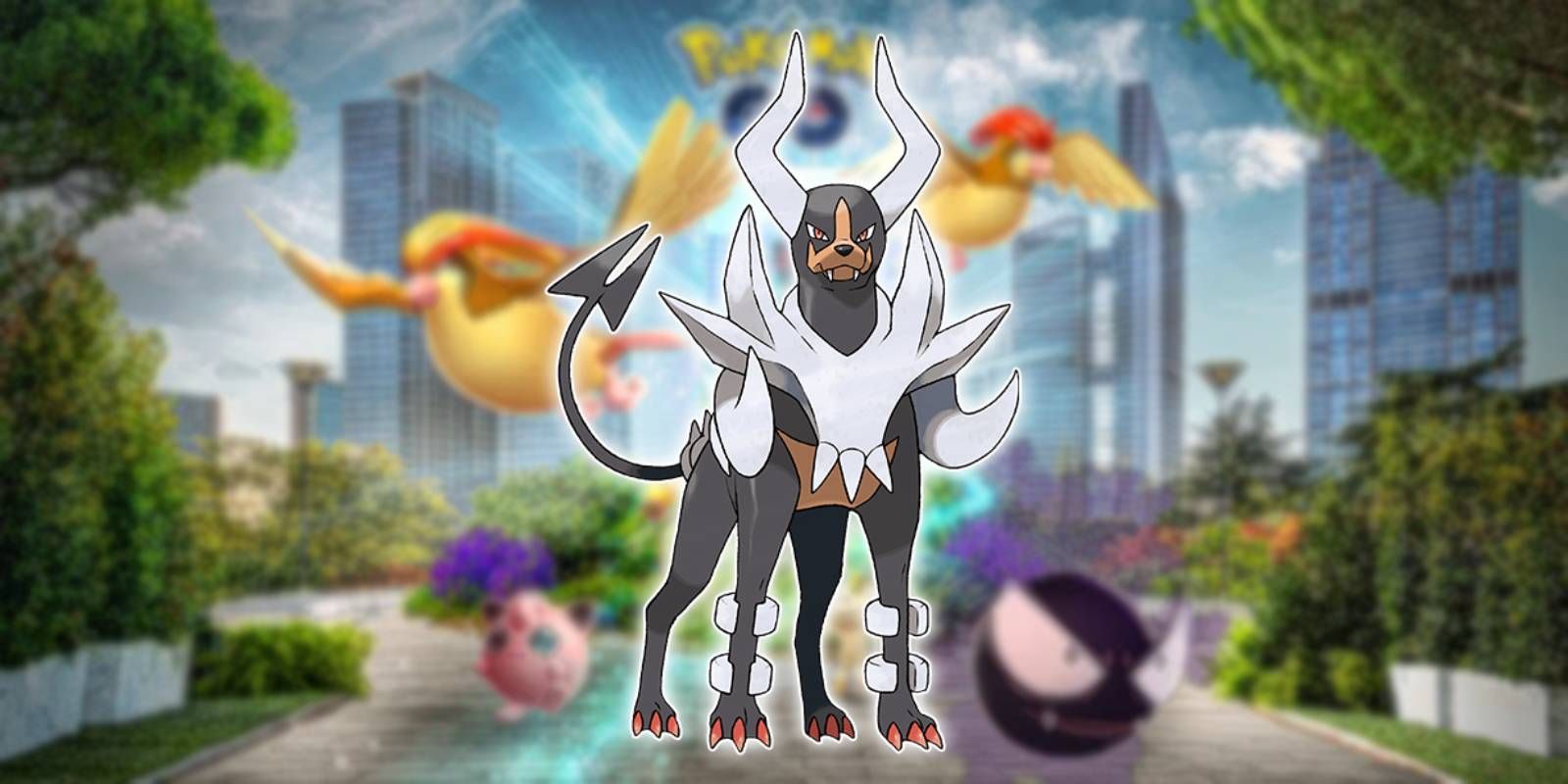Pokemon Go Mega Hoodoom Raid Boss con otros Pokémon en el fondo de Event KeyArt