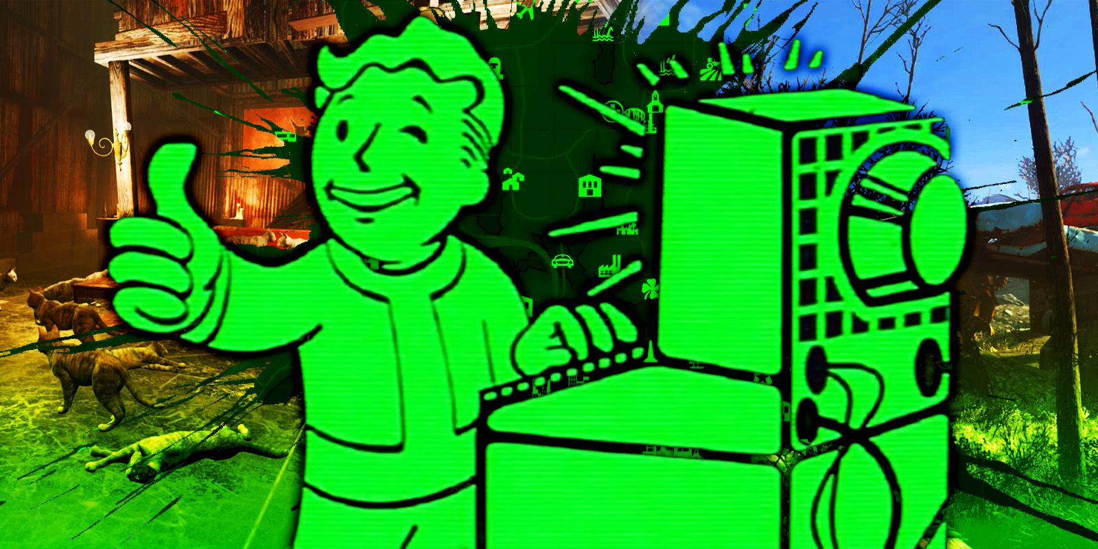 Vault Boy de Fallout 4 usando una computadora con el mapa del juego en segundo plano.