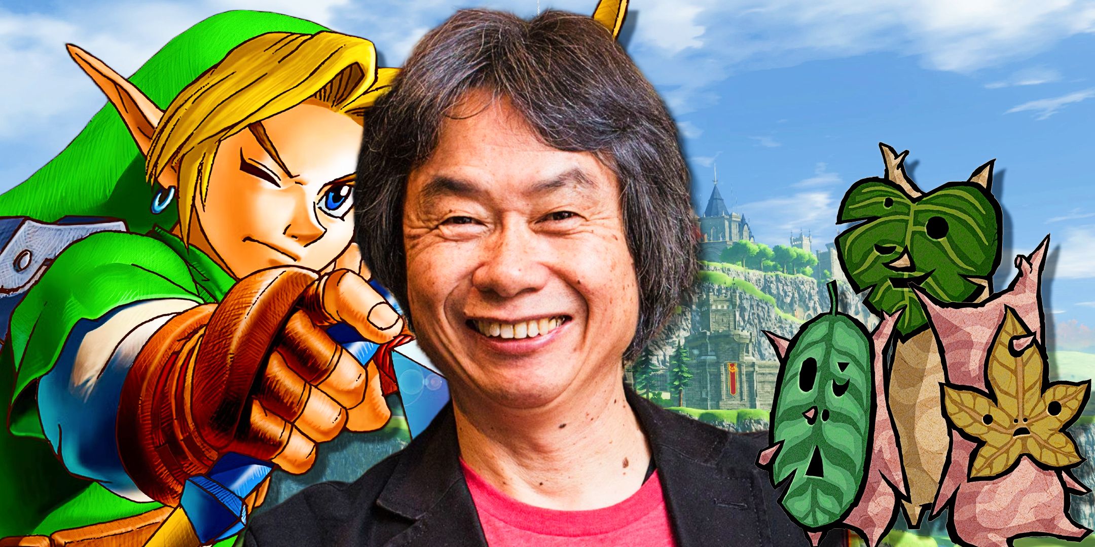 Un miyamoto sonriente con OOT Link y un grupo de Koroks.