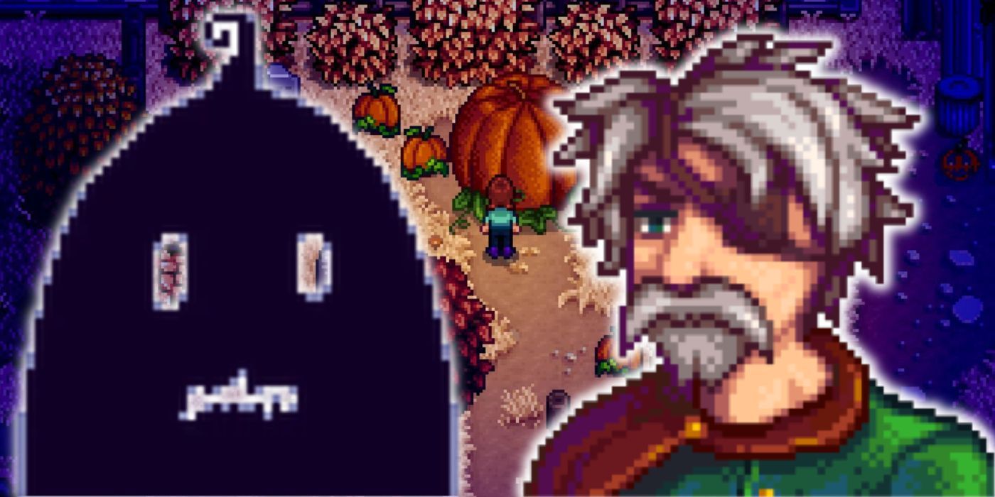 Krobus y Marlon sobre una escena del Festival de la Cosecha en Stardew Valley